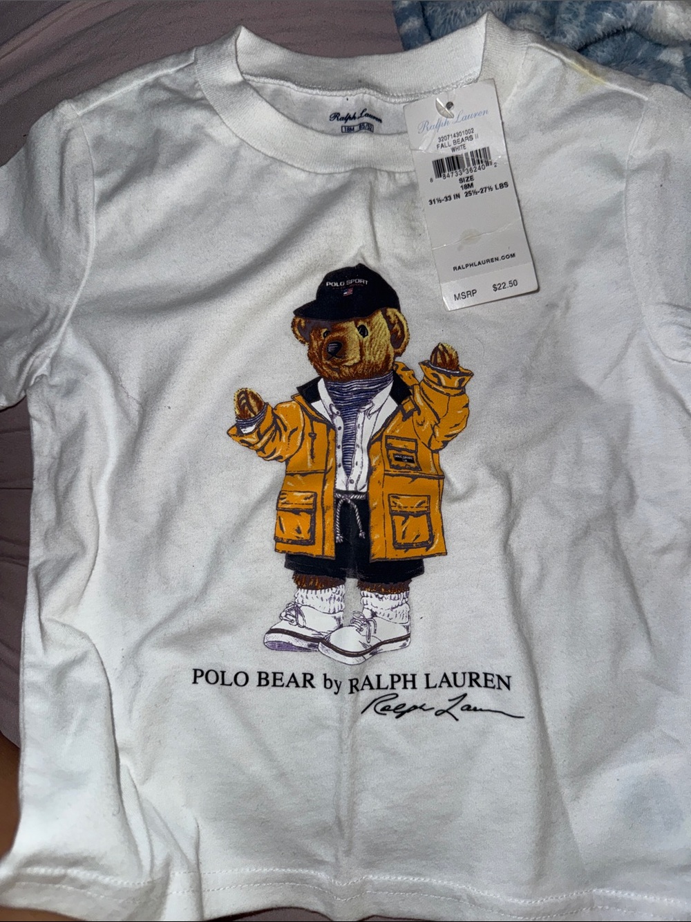 Ralph Lauren White Kids Polo Bear Graphic Tee with Yellow Jacket